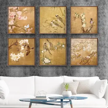 Doma Dekoracijo Barvanje, Tiskanje Platno Wall Art Slike Kvadratnih Plakat Olje brez okvirja Risbe Kitajski retro slogu cvet in ptica