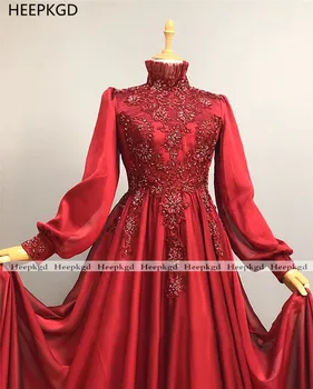 Nova Rdeča 2021 Muslimanskih Večerno Obleko Z Dolgimi Rokavi Črto Elegantna Beaded Appliques Šifon Plus Velikost Arabski Ženske Stranki Poroka Oblek