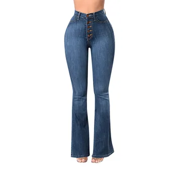 2021 Moda za Ženske Jeseni Elastična Plus Svoboden Denim Gumb Žep Priložnostne Boot Cut Hlače visok pas, jeans
