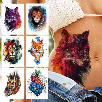 Akvarel Volk Začasni Tatu Za Ženske, Moške Odrasle Otroke, Lev, Tiger Ponaredek Fox Tetovaže Nalepke Realne Čipke Cvet Tatoos Pasu