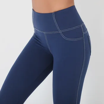 Visoka, vitka, imitacija jeansa žep hip dviganje Joga Hlače, ženske hlače joga hlače z žep joga hlače, ki so zložene dokolenke