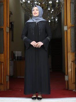 Ženske Abaya Obleko Rokavi Valonski Kamen Vezene Spredaj Muslimanskih Islamske Hidžab Oblačila Prilagodljiv Tkanina Velikosti Visoko Turčija