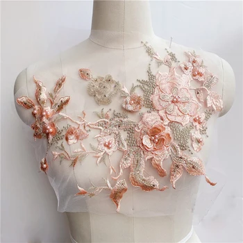 3D Cvet Kroglice Vezene Poroko Čipke Tkanine Appliques Sew Obliž Za Poročno Obleko DIY Dekor 33*28 CM