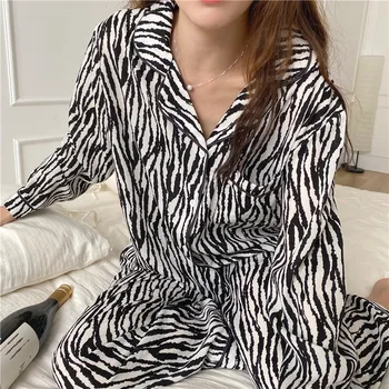 SLPBELY Ženske Pižame Nastavite Homewear Pomlad River Zebra Vzorec Dolg Rokav+Hlače Pižame Sleepwear Leopard More Nightclothes