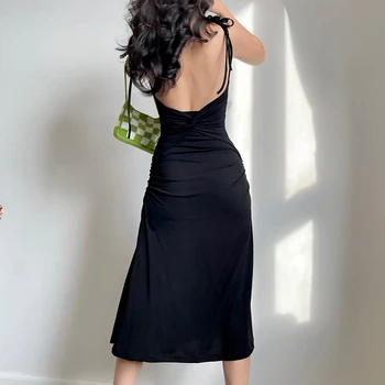 Strani Špranjske Dolga Obleka Ženske Elegantne Solid Black Backless brez Rokavov Midi Stranka Obleko Maturantski Blizu, Clubwear korejskem Slogu 90. letih Iamhotty