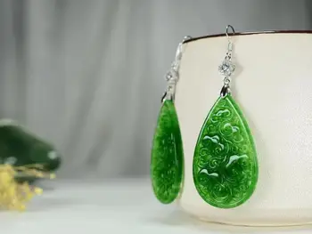 Naravni kotanji handcarved green jade uhani z 925 sterling srebrni uhani 925 nakit, uhani, uhani za ženske