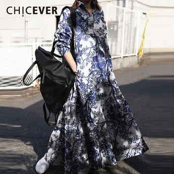 CHICEVER Tiskanja Obleko Za Ženske River tričetrt Rokav Svoboden Hit Color Plus Velikost Vintage Obleke Ženska 2021 Pomlad Oblačila