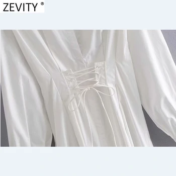 Zevity 2021 Ženske Letnik Pasu Čipke Povoj Priložnostne Slim Gube Rokavi Obleka Ženska Elegantna Nazaj Zadrgo Bela Mini Vestidos DS8187