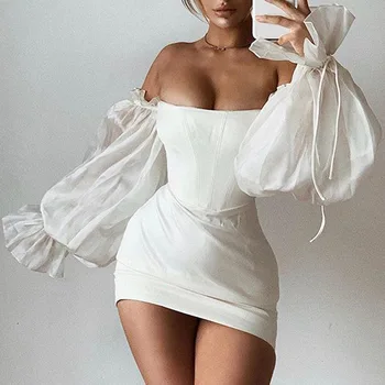 Hirigin brez naramnic Off Ramenski Stranka Klub Mini Obleke White Elegantna Luč Rokav Obleka Bodycon Suh Moda 2021 Pomlad