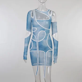 2021 Novo Tie Dye Nezakonitih Izrežemo Dolg Rokav Bodycon Obleke Za Ženske Seksi Blue Print Poletje Modni Klub Obleke Mini Obleka