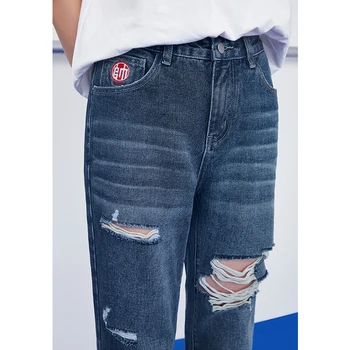 Toyouth Ženske Jeans 2021 Jeseni Visoko Pasu Ravne Noge Uničenje Vezenje Solid Blue Vse Tekme Priložnostne Obrezana Denim Hlače