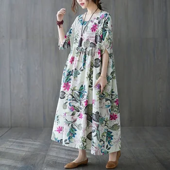 Short sleeve cotton vintage floral dresses for women casual loose long woman summer dress elegant clothes 2021