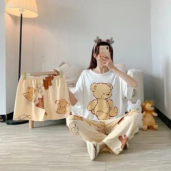 Tri-kos ženske pižame nastavite poletje nove kratke hlače korejskim študentom svoboden velikosti srčkan risanka za rabo doma