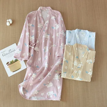 Japonski Kimono Style Pižamo Poletje Novo Bombaž Bombaž Krpo Ženske Pižame Ženske Spa Kopalni Plašč Domov Nositi Dolgo Pižami