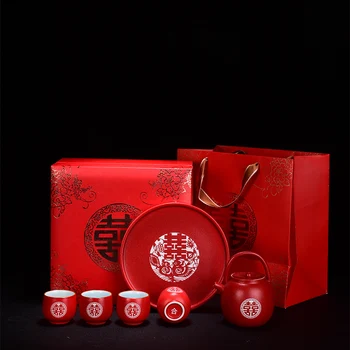 Kitajski Poroko Keramični Čajnik Pokal Pladenj Nastavite Kitajska Rdeča Dvojna Sreča Teacup Novo poročen Darilo Polje Čajnik Ustvarjalne Teaware