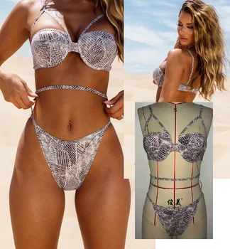 2020 Nove Ženske Kopalke Seksi Srebro Serpentine Bikini Komplet Trikotnik Push-Up Nedrček, Tangice Kopalke Plaži Brazilski Kopalke