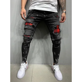 Luknjo ripped kavbojke moški Slim Fit Skinny jeans Hip hop modo Ulične mozaik kavbojke Elastičnost Gothic hlače moški