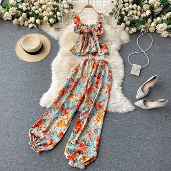 Obleka ženske retro chic počitnice slog sladko cvjetnim zanko vrh ženske visoko pasu bloomers dva kosa tide