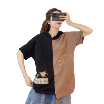FGSD2154 Hooded Majica s kratkimi rokavi Ženske korejski Slog Priložnostne Vezenje Mozaik Vrh Tee Bombaža, Kratek Rokav Luknjo Risanka Pismo Svoboden