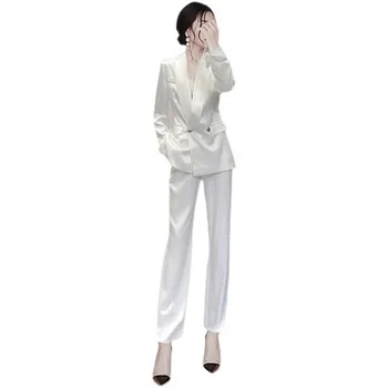 2021 pomlad moda satenasto obleko obleko za ženske dolgo sleeved vrhu in hlače in ohlapno priložnostne korejskem slogu temperament tanko svileno obleko