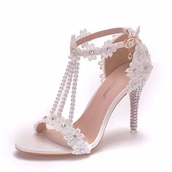 9 cm tanko peto niz beaded sandali čipke cvet vode vaja poročni čevlji nevesta fotografijo visoke pete besede s sandali