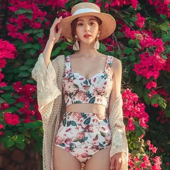 Korejski Swim Oblacilo Ženske Cvetje Bandeau Bikini Push Up Dva Kosa Kopalke Dekleta Kopalke Split Kopalke Plaža Obrabe Plažo