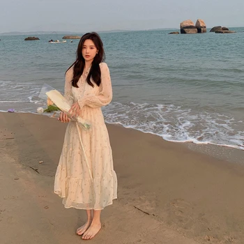 OOTD PROTI-vrat Elegantno Sweet Oblačenja Žensk Dolg Rokav Šifon Cvetlični Stranka Obleko Plaža Obleko Za Ženske v korejskem Slogu 2021 Poletje