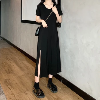 Hirsionsan Bombaž Poletne Obleke, Ženske 2020 Korejski Seksi Split Lady Obleko Elegantno Kratek Sleeve Solid Priložnostne Girl Obleke