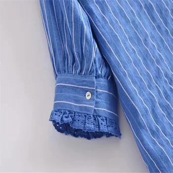 Za 2021 Retro Modro Črtasto Majico Ženske Kratke Puff Rokav Openwork Vezenje Bluzo Ženska Moda Gumb Gor Poletnih Vrh