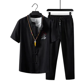 (Majica + hlače) poletje moških Bombaž in lan majice s Kratkimi rokavi moški priložnostne srajce moške komplet oblačil, velikost M-5XL TZ029