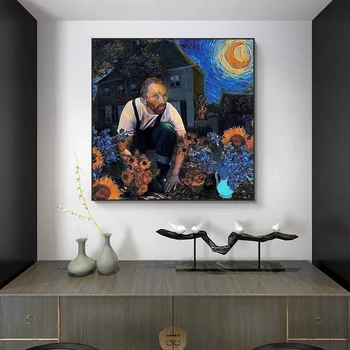 Smešno Art Van Gogh in Sončnice in Modro Zvezdnato Nebo Plakatov in Fotografij Platna Slike Stenskih slikah, za Dnevna Soba Dekor