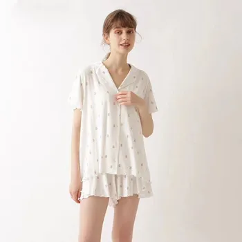 Lepe Risanke 2PCS Pižamo bo Ustrezala Priložnostne Sleepwear Svoboden Modal Spanja Komplet Majica In kratke Hlače Mehko More Intimno Perilo
