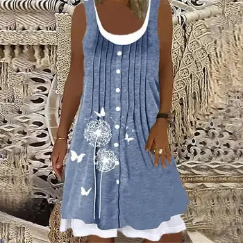 Svoboden Priložnostne Ponaredek Dva Kosa Obleko Poletje Ženske brez Rokavov Blue Print Naravnost Obleke S-3XL Velikosti Boho Sundress