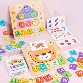 Lesene Puzzle Število Pismo Ujemanje Odbor Risanka 2 v 1 angleški Pravopis Igrača Digitals Odbor Otrok Kognitivni učni Pripomočki