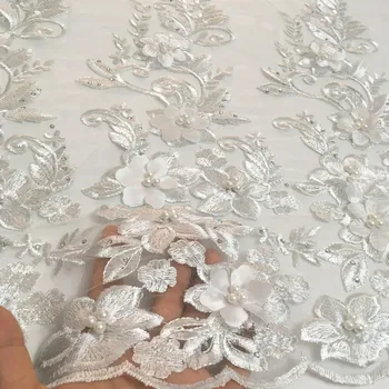 2021 Najnovejše Beli francoski 3D Cvetje Til Tkanine, Čipke Afriške Nigerijski Čipke Tkanine Z Biseri In Kamen Za svate KYX09C