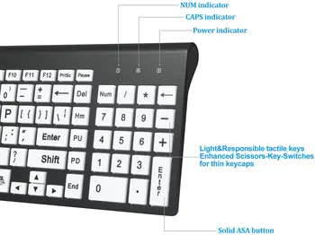 Zienstar Brezžični Velika Tiskanja Tipkovnico in Miško Combo, Komplet z 2,4 G USB Sprejemnik za Slepe in Slabovidne Nizko Vizijo Posameznikov