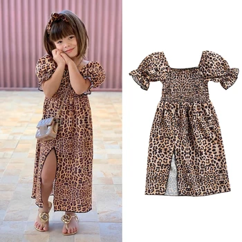 1-6Years Moda Otroke Dekleta Priložnostne Obleko Leopard Tiskanja Puff Kratek Rokav Dolgo Obleka za Malčke Dekliška Počitnice Plaže Split Obleko