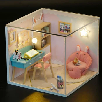 DIY Lesene Lutke Miniaturni s Svetlo Pohištvo Ustvarjalna Soba za Dekleta