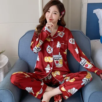 Ženske Pižame Poletje Ice Svile Sleepwear Dolgo sleeved Natisnjeni Jopico Spanja Romper Dame Domov Nositi 2-kos Pižami