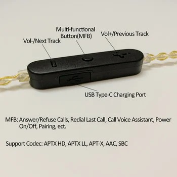 QCC3034 aptX Bluetooth HD 5.0 Zamenljive Srebro, pozlačeno Nadgrajeno Kabel 2Pin/MMCX Priključek za KZ ZS10 PRO/AS12/ZST/AS16ZSN