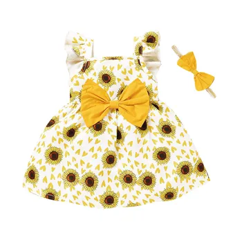 Vroče ! 3M-3T Dekliška Oblačila Poletje Malčke Baby Dekleta Letenje Rokav Sončnično Cvjetnim Tiskanja Princesa Obleko+Trakovi #Poletje Nova