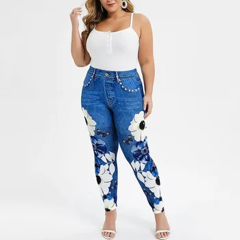 Ženske Imitacije Kavboj Natisnjeni Dokolenke Visoko Pasu Slim Elastična Svinčnik Hlače Plus Velikost Seksi Jeans Dokolenice Plus Velikost Ženske #3