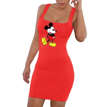 Disney Mickey Mouse Kvadratnih Vratu Brez Rokavov Mini Obleka Ženske Poletje Nahrbtnik Hip Tesen Stranka Sexy Klub Bo Ustrezala 2021 Obleko