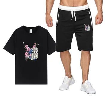 Anime Napad na Titan Moške Določa blagovne Znamke Dva Kosa Obleko Trenirka Moški Priložnostne Tshirts Vadbo Fitnes Določa Jogger hip hop Obleke