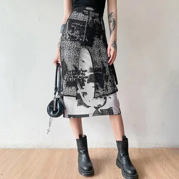 Center Gothic Estetske Punk A-Line Ženske Midi Krila Čipke Mozaik Grunge Črno Krilo Alternativnih Oblačila Poletje Emo
