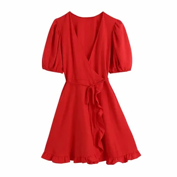 TRAF Za Žensko 2021 Poletje Rdeče Perilo Kratka Obleka Ženska Moda Lok Pasu Vintage Obleko Ženske Elegantne Ruffle Priložnostne Mini Obleke