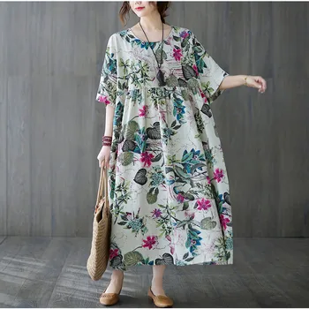 Short sleeve cotton vintage floral dresses for women casual loose long woman summer dress elegant clothes 2021