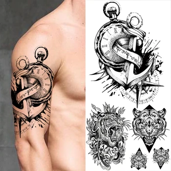 Kompas Sidro Začasne Tetovaže Za Moške, Ženske Odraslih Realne Black Tiger Ponaredek Tatoos DIY Edinstveno Roko Stroj Tattoo Nalepke