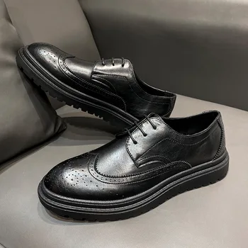 Mens priložnostne poslovnih poroko formalnih obleke pravega usnja bullock čevlji črni vklesan brogue čevelj gospodje dihanje superge