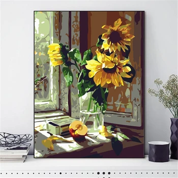 HUACAN Barvanje Z Številkami Sončnično Risanje Na Platno Umetnosti DIY Slike S Številko Cvet Ročno Poslikane Slike Kompleti Doma Dekor